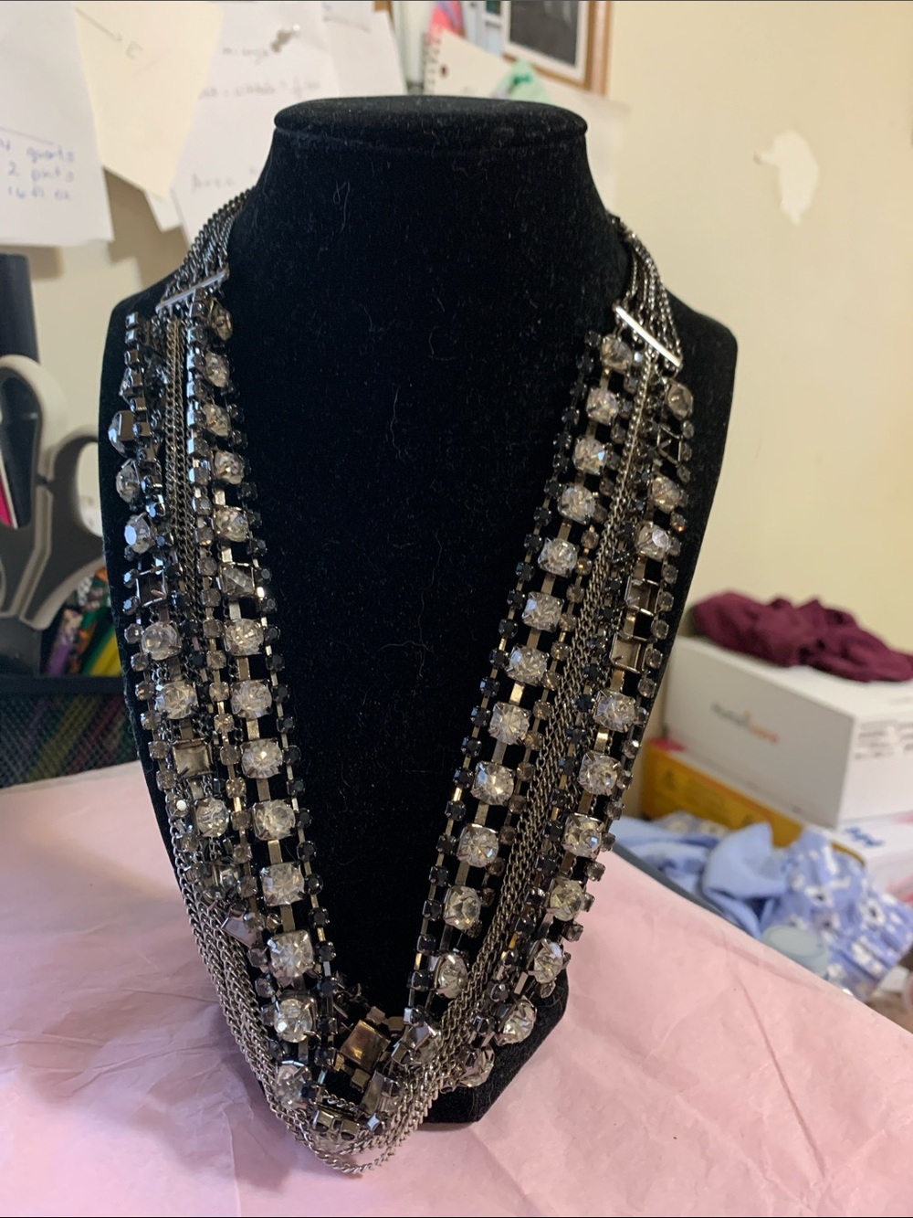 Multi-Strand Crystal Statement Necklace - Black and Silver